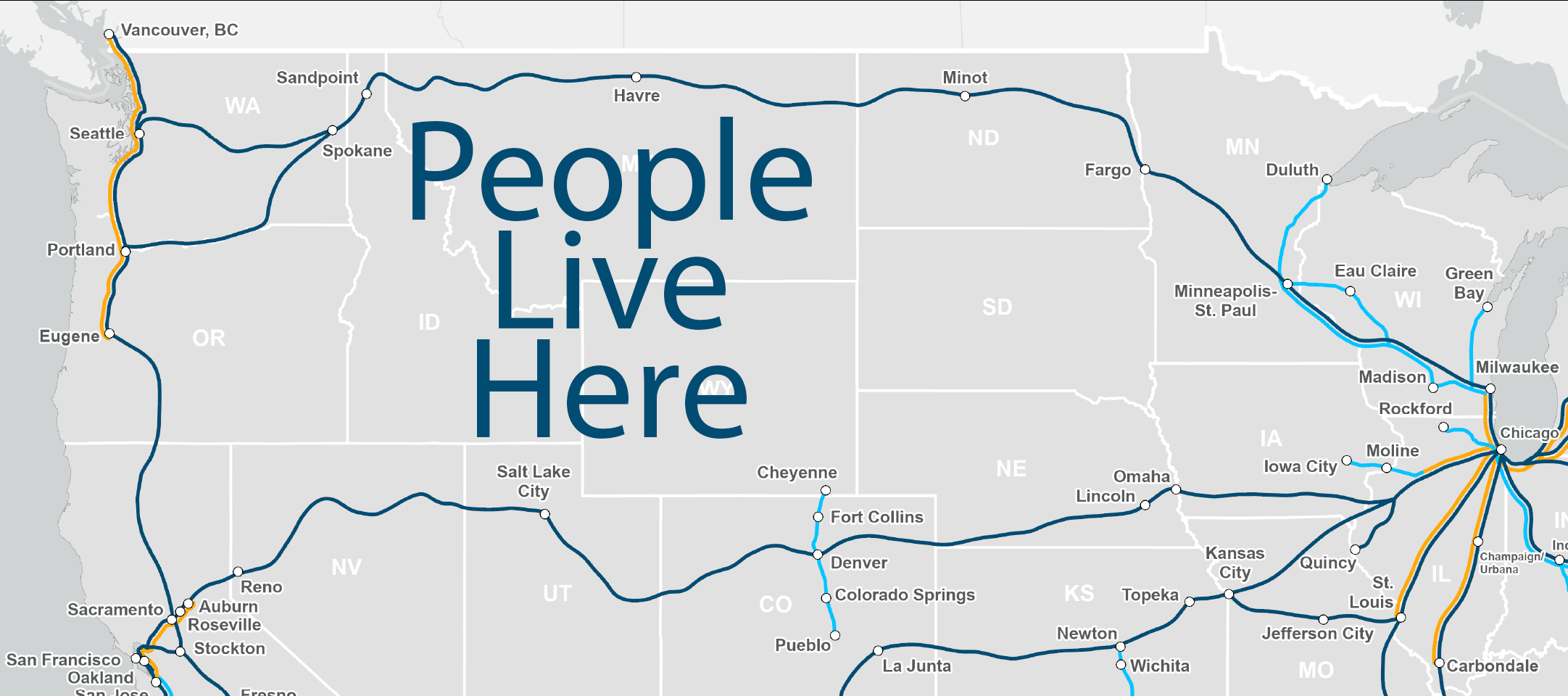Map showing gap in rail network in the Greater Northwest. "People Live Here!" superimposed.
